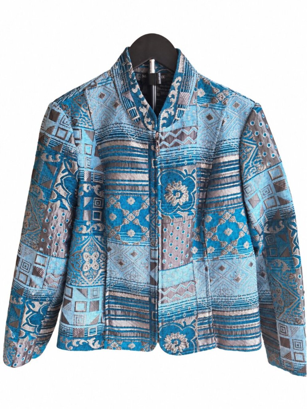 Molly & Maxx Petite L Artsy Boho Patchwork Brocade Jacket Blue Silver